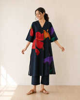 Hibiscus Black Cotton Kurti Set for Women