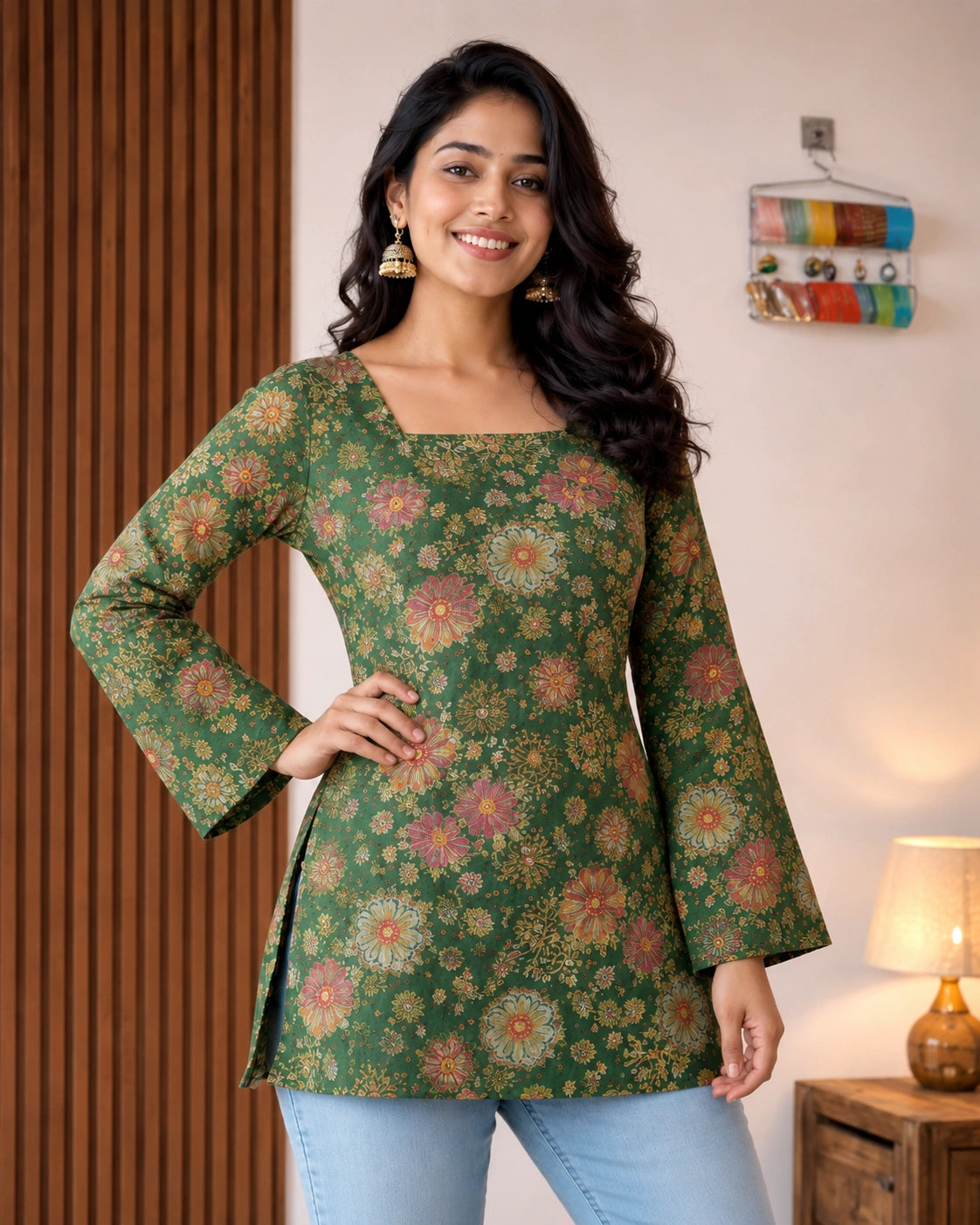 Malini Floral Lace-Up Linen Cotton Kurti
