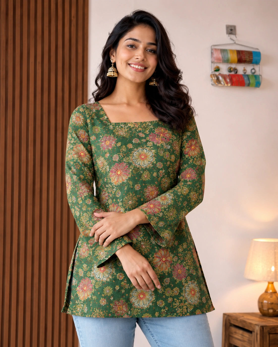 Malini Floral Lace-Up Linen Cotton Kurti