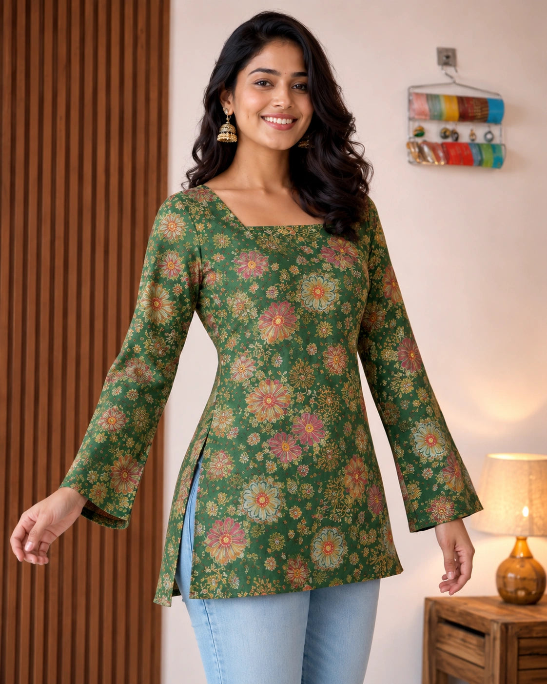Malini Floral Lace-Up Linen Cotton Kurti