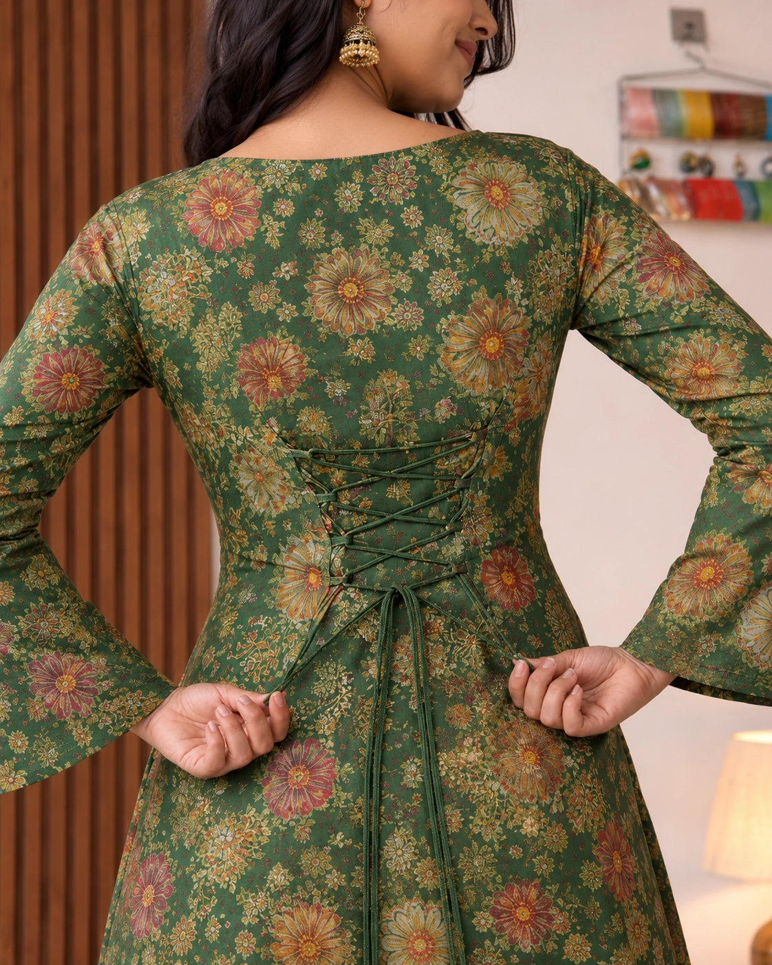 Malini Floral Lace-Up Linen Cotton Kurti