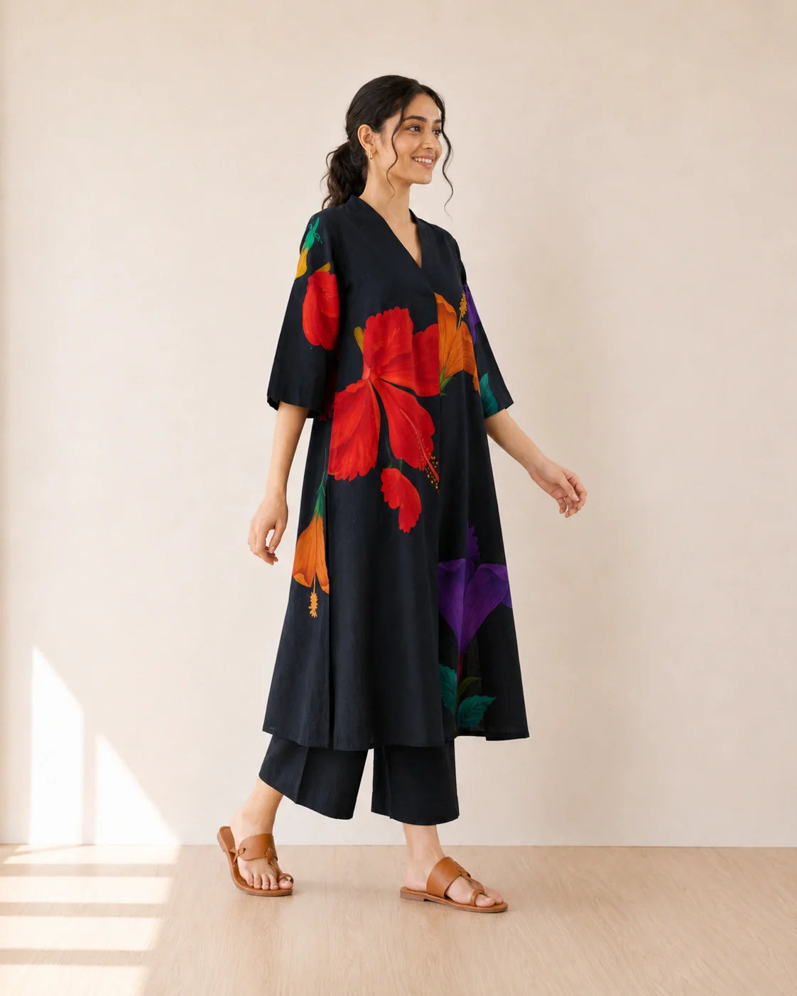 Hibiscus Black Cotton Kurti Set for Women