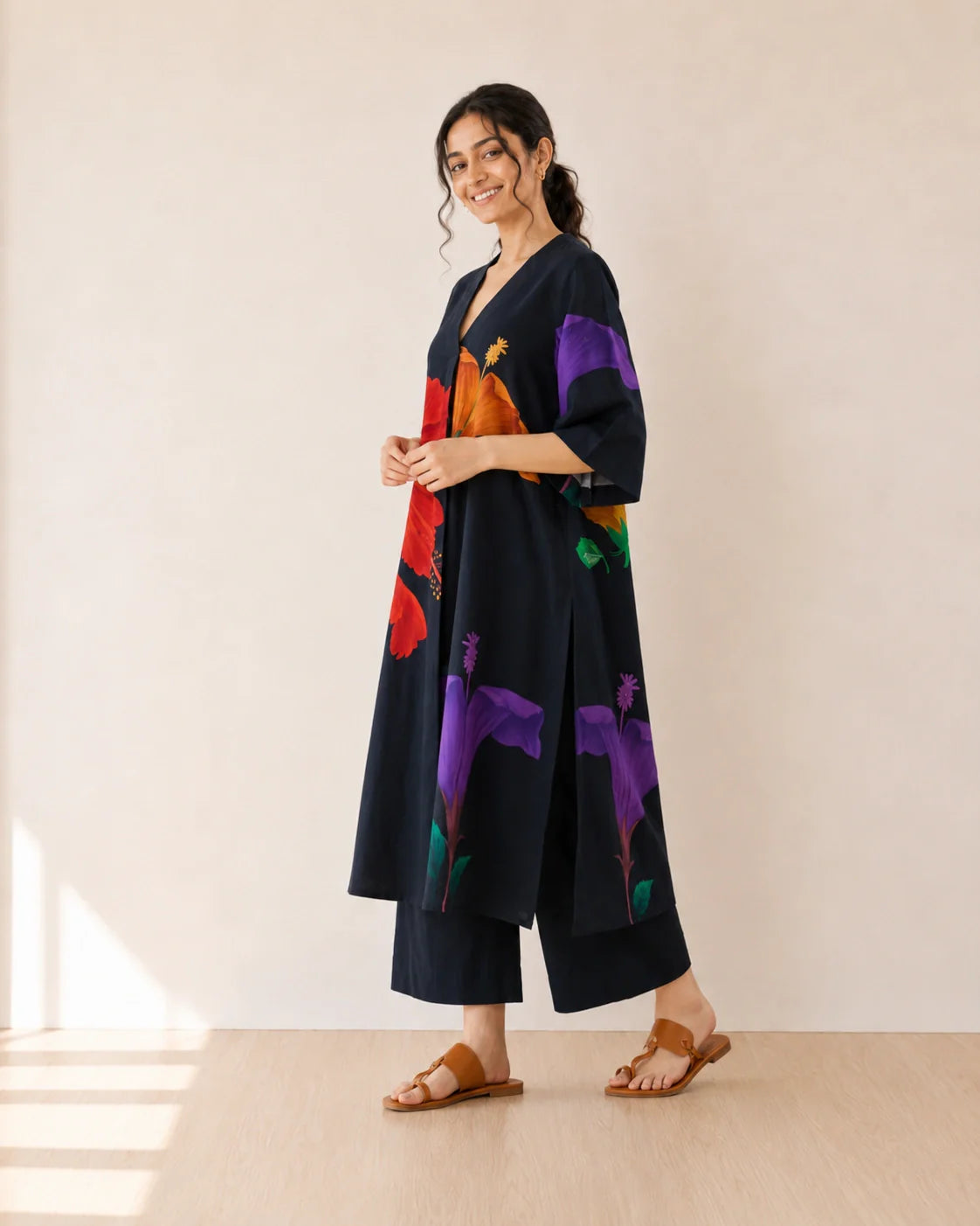 Hibiscus Black Cotton Kurti Set for Women