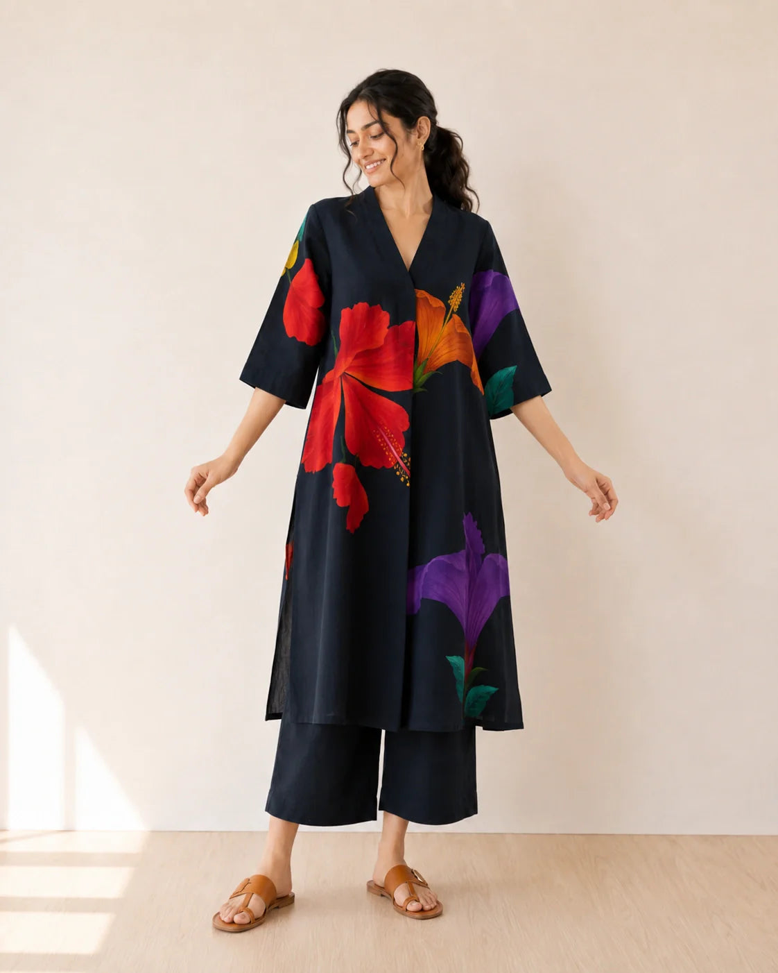 Hibiscus Black Cotton Kurti Set for Women