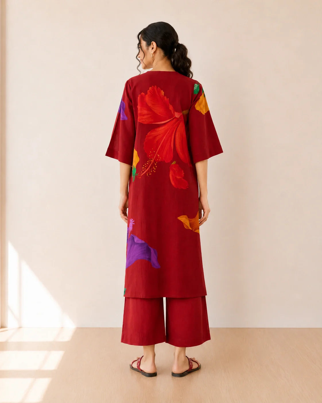 Hibiscus Cherry Red Soft Cotton Kurti Set
