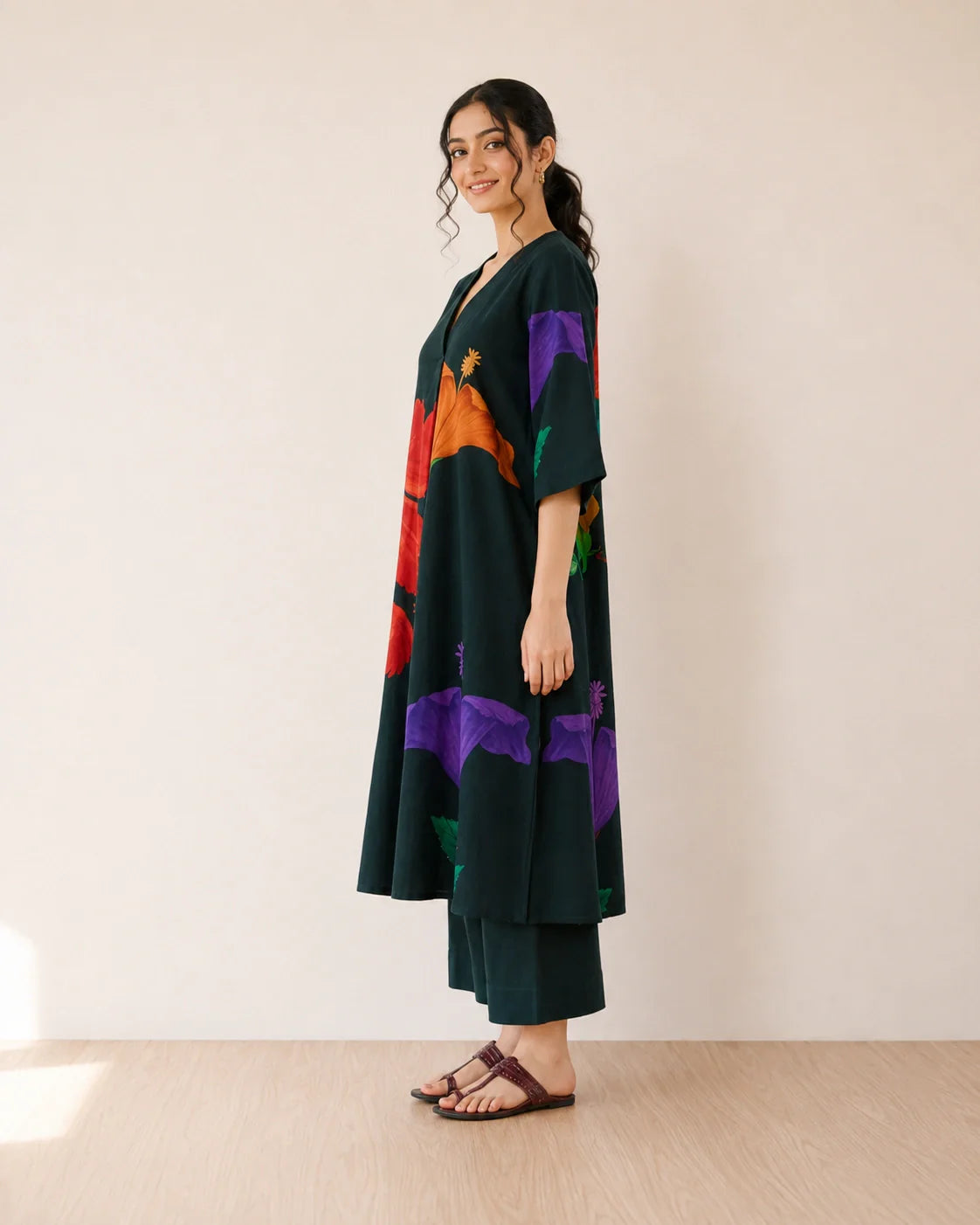 Hibiscus Emerald Green Cotton Kurti Set for Women