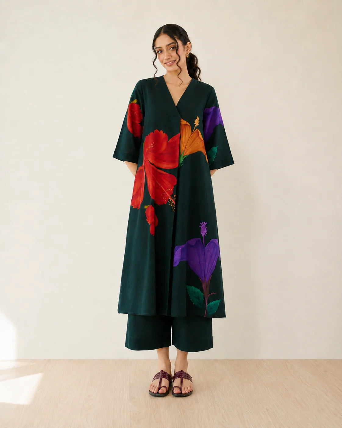 Hibiscus Emerald Green Cotton Kurti Set for Women