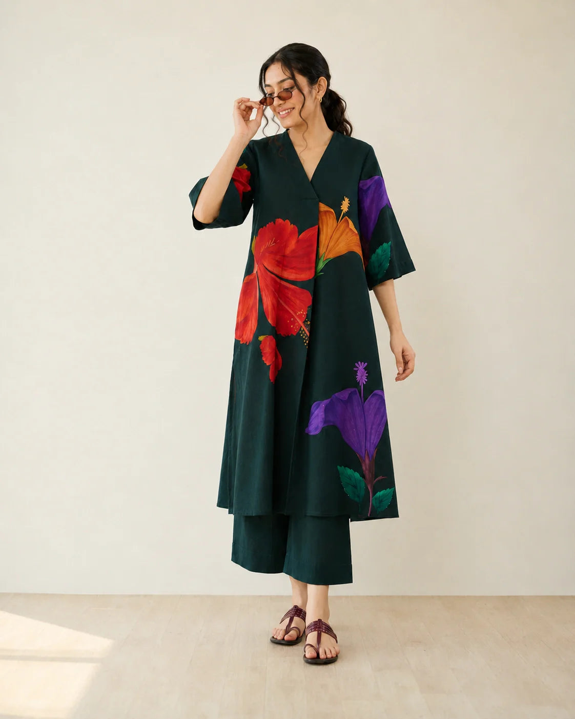 Hibiscus Emerald Green Cotton Kurti Set for Women