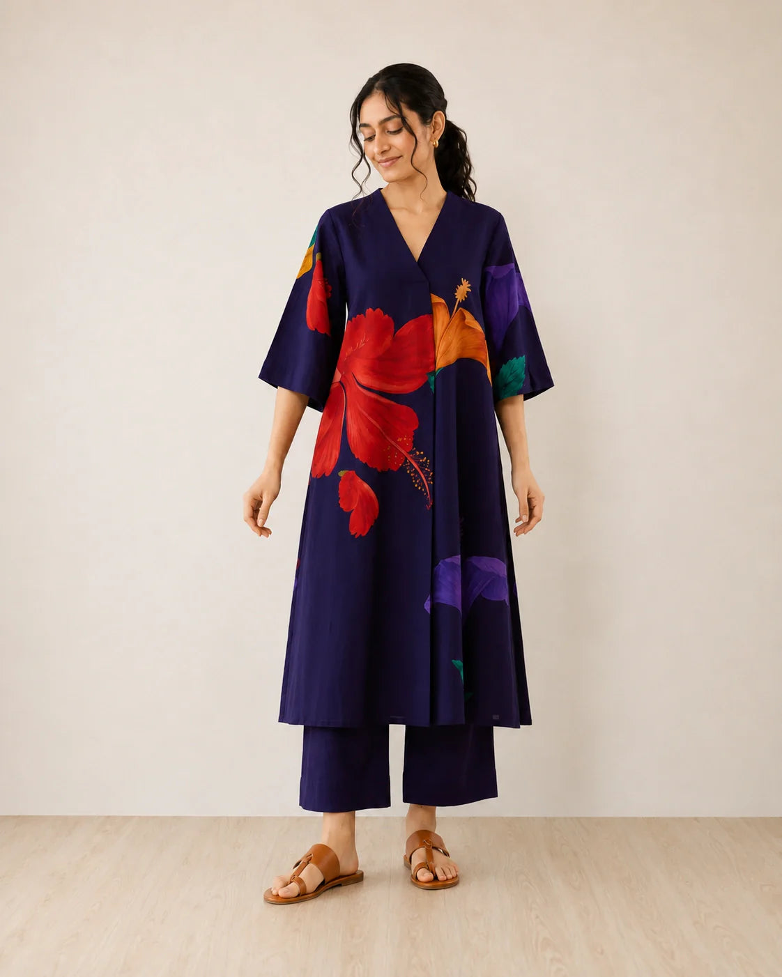 Hibiscus Violet Soft Cotton Kurti Set for Women