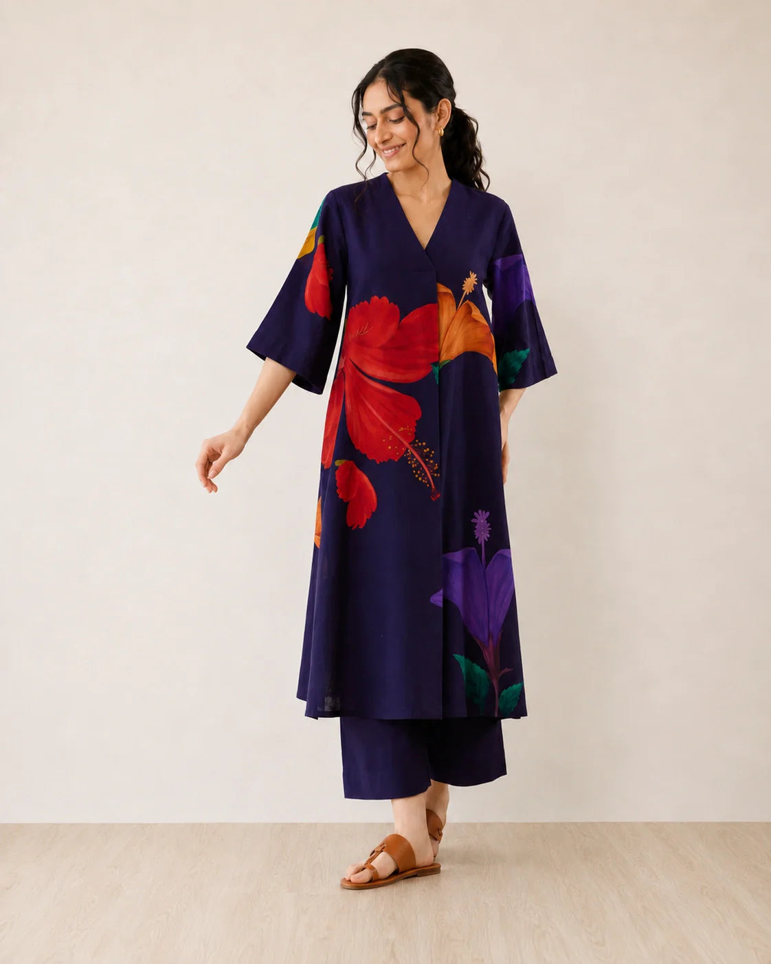Hibiscus Violet Soft Cotton Kurti Set for Women