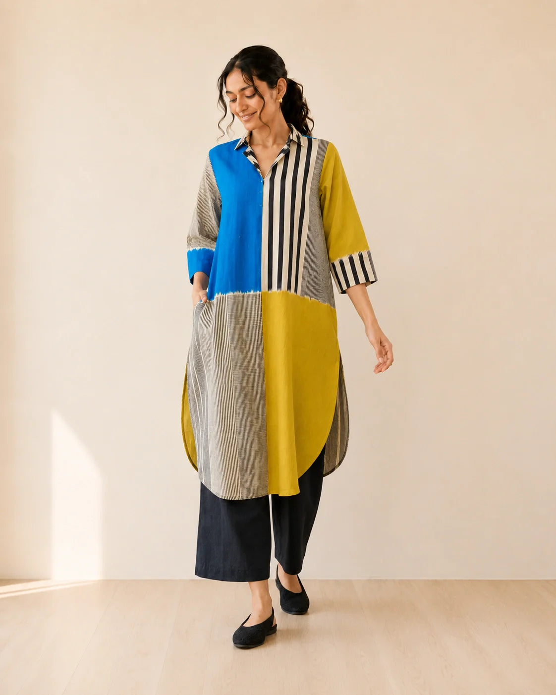 Retro Electric Blue & Ochre Yellow Cotton Kurti Set