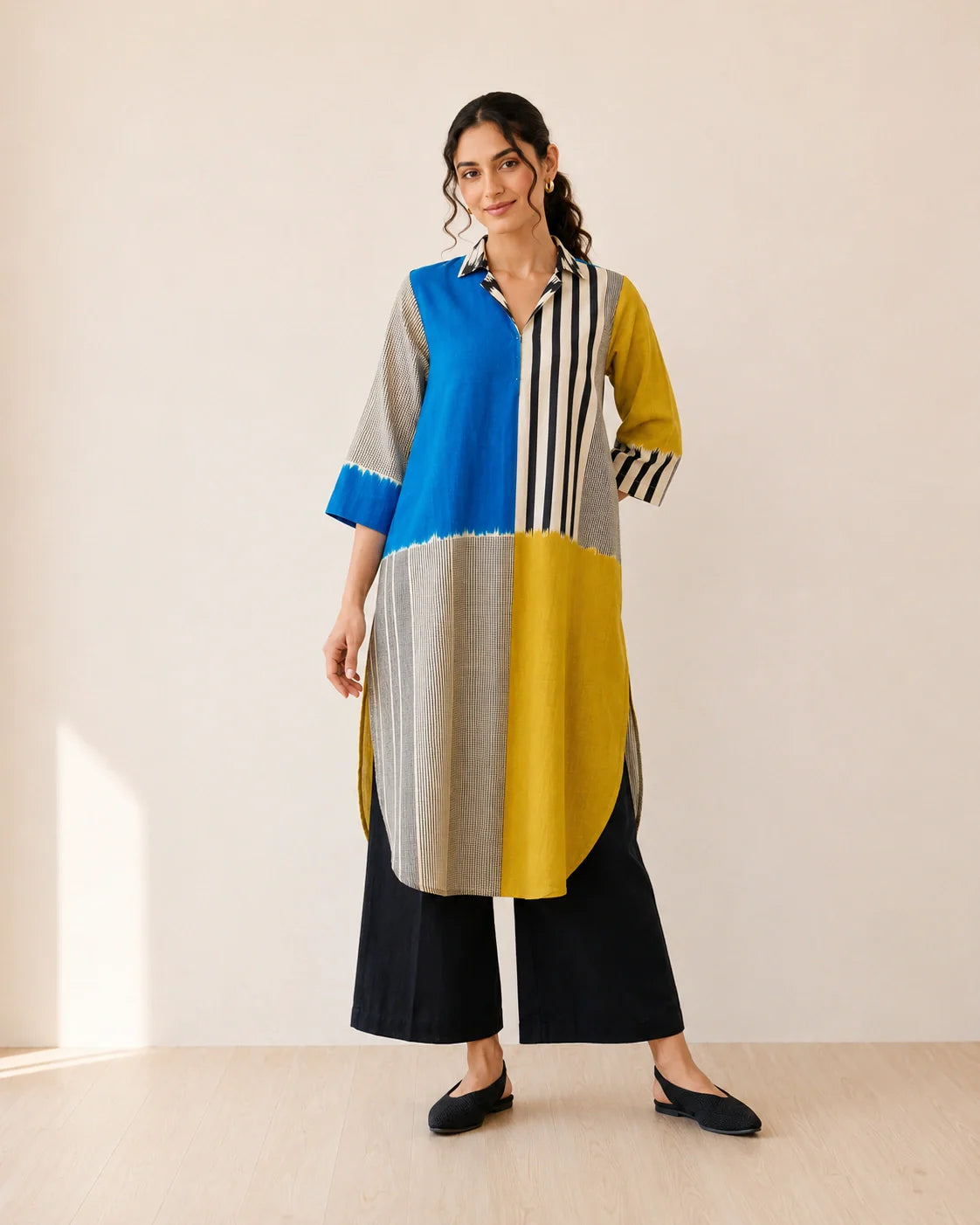 Retro Electric Blue & Ochre Yellow Cotton Kurti Set