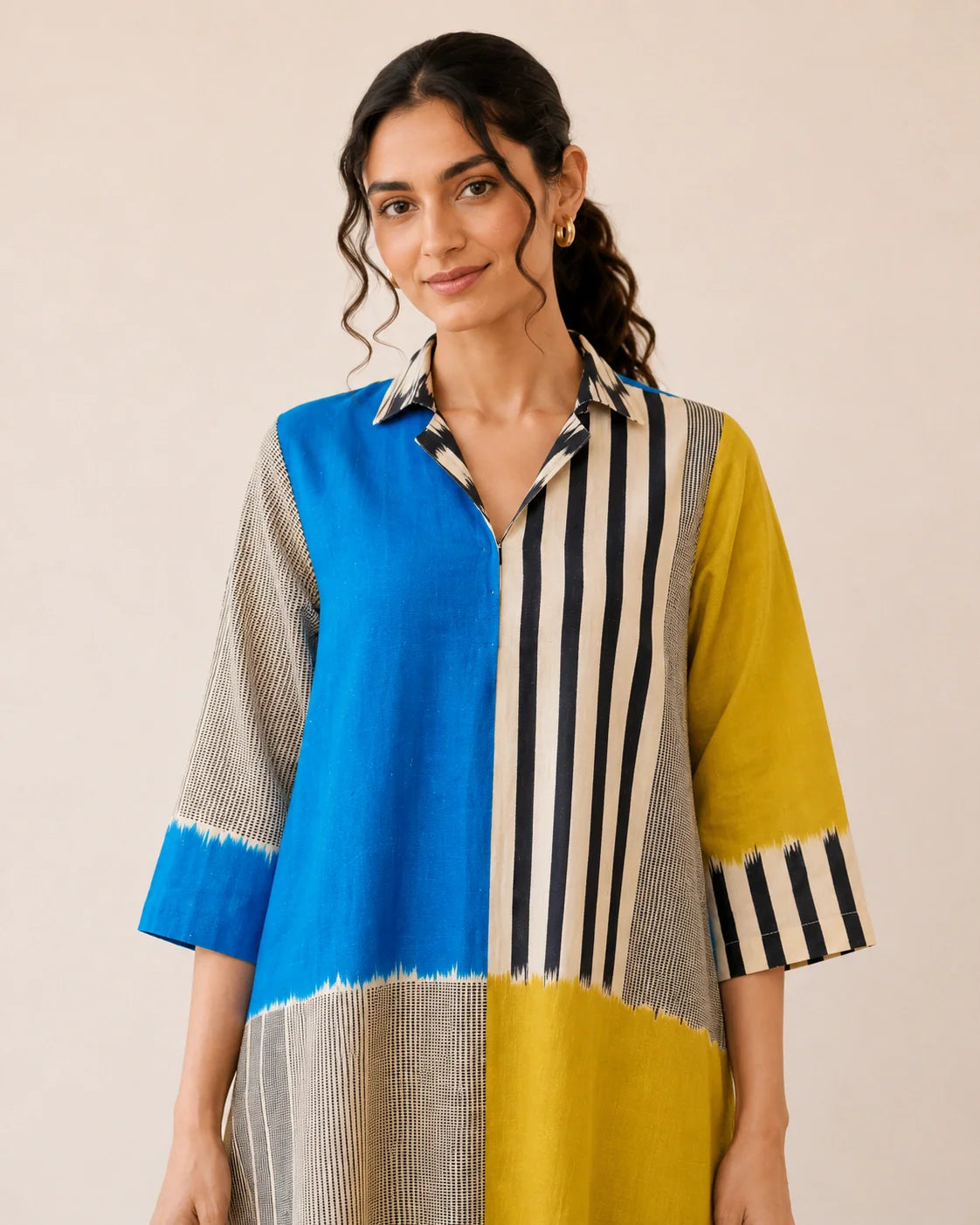 Retro Electric Blue & Ochre Yellow Cotton Kurti Set