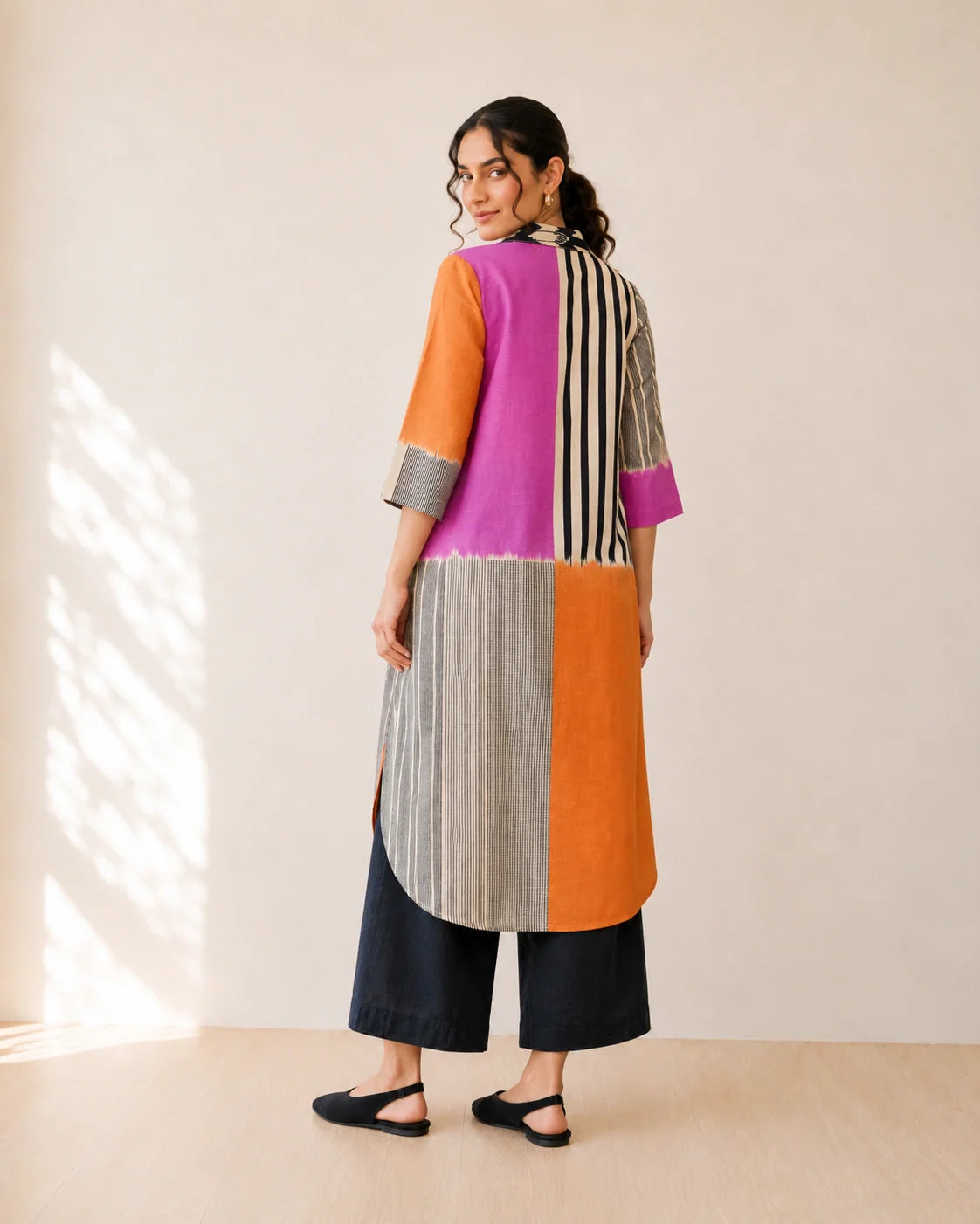 Retro Pink & Tangerine Cotton Kurti Set For Women