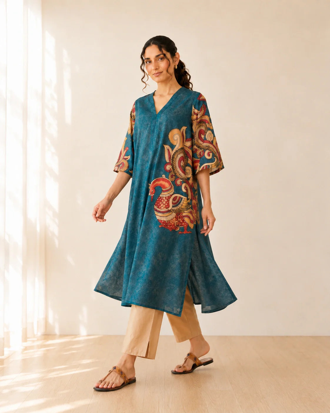 Morni Peacock Blue Cotton Kurti Set for Women