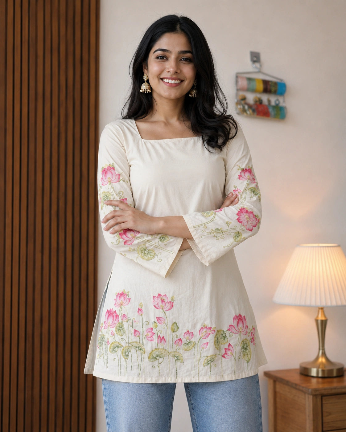 Padmalata Lotus Border Lace-Up Kurti