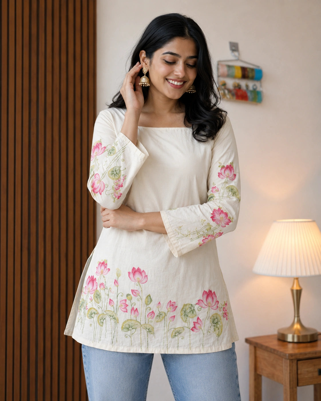 Padmalata Lotus Border Lace-Up Kurti
