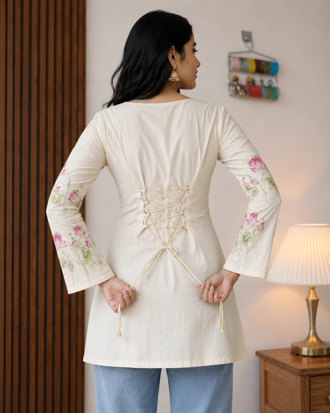 Padmalata Lotus Border Lace-Up Kurti