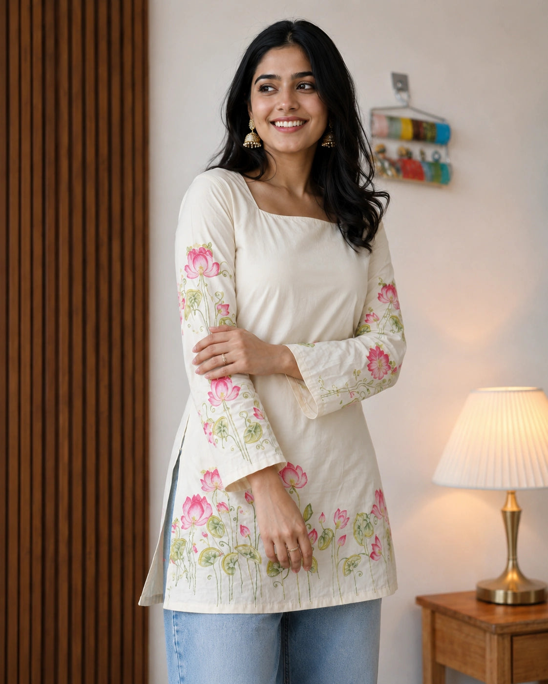 Padmalata Lotus Border Lace-Up Kurti
