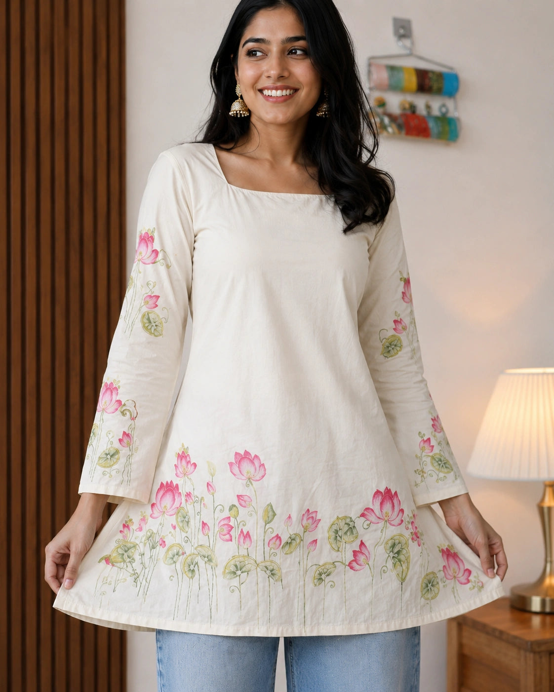 Padmalata Lotus Border Lace-Up Kurti