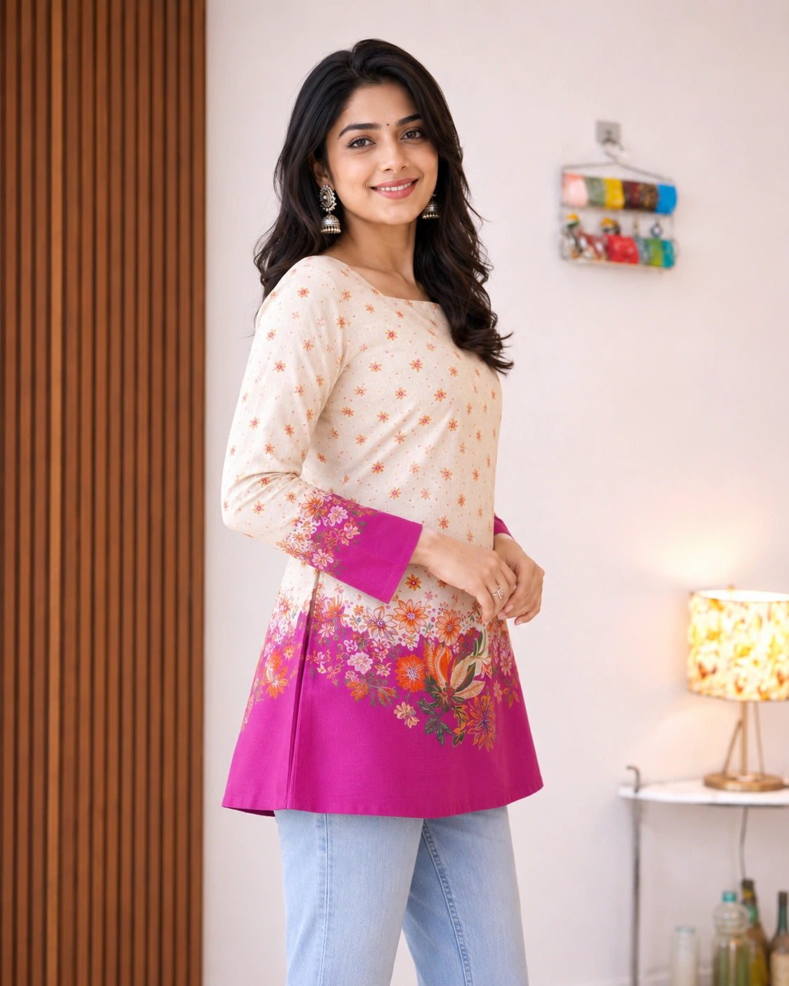 Pushpika Floral Border Lace-Up Kurti