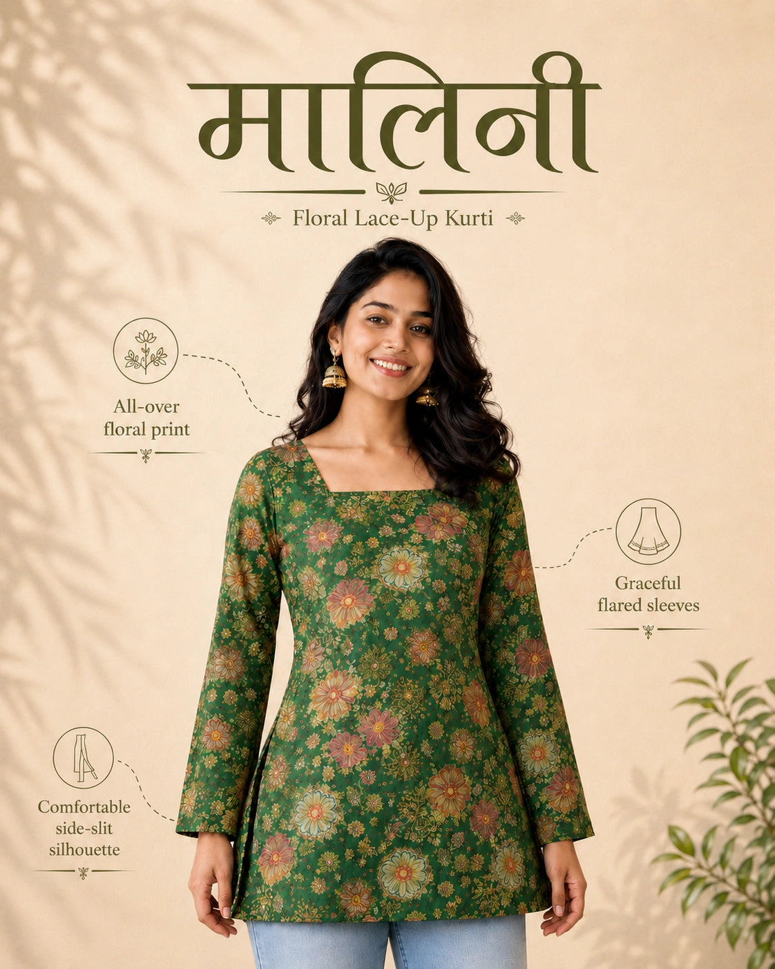 Malini Floral Lace-Up Linen Cotton Kurti