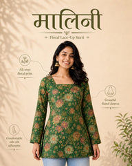 Malini Floral Lace-Up Linen Cotton Kurti