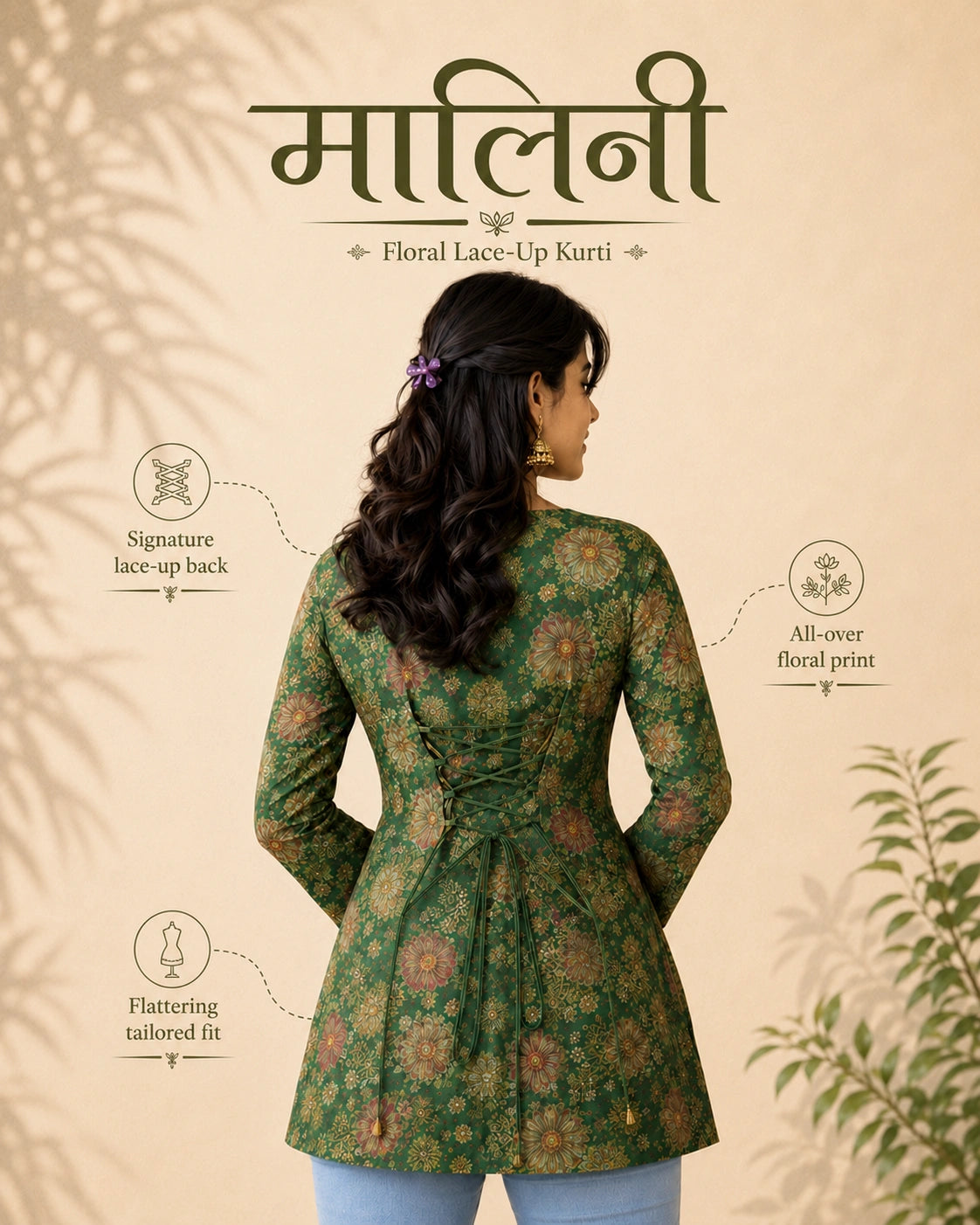 Malini Floral Lace-Up Linen Cotton Kurti